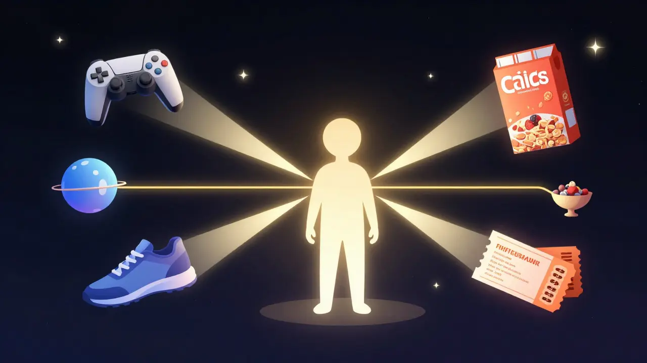 Surreal illustration of a movie character transforming into various licensed consumer products