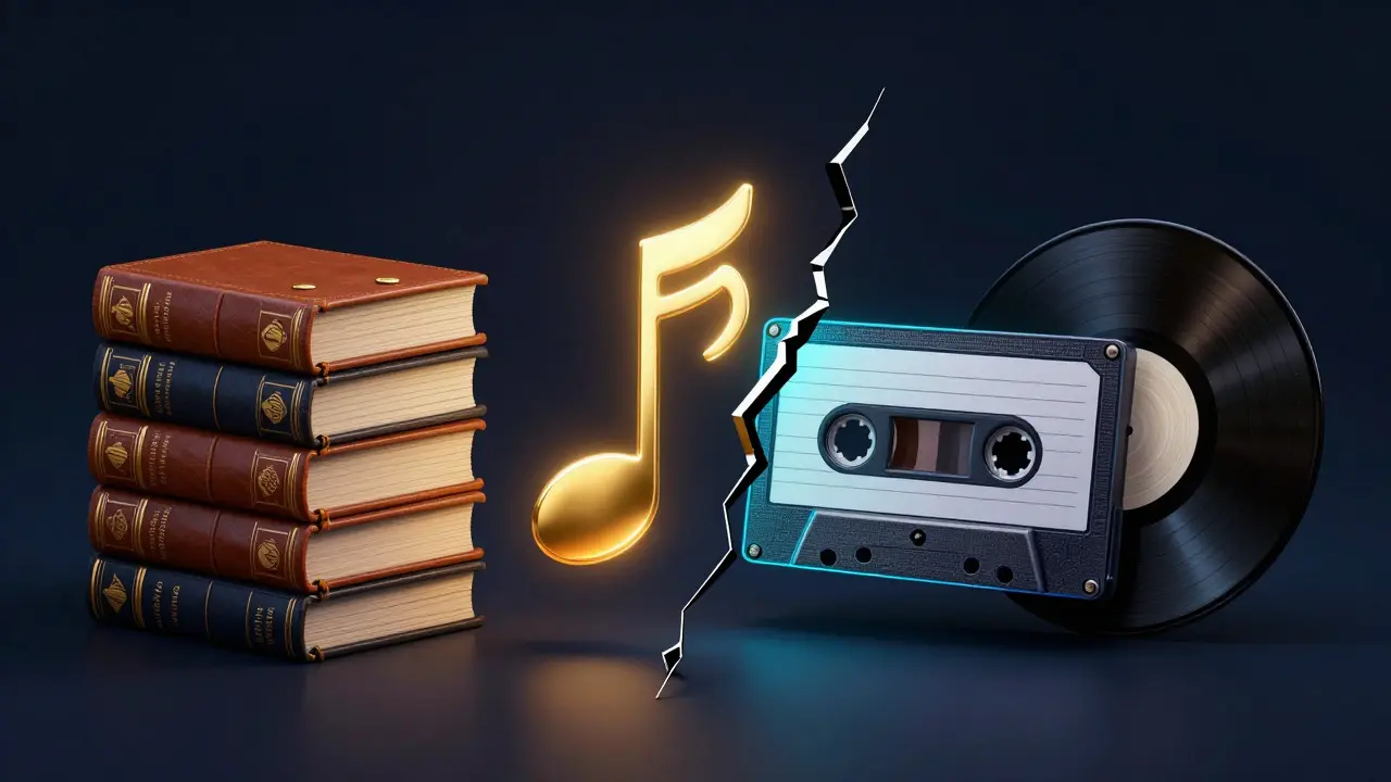 Surreal illustration of a split musical note transforming into legal documents and audio media