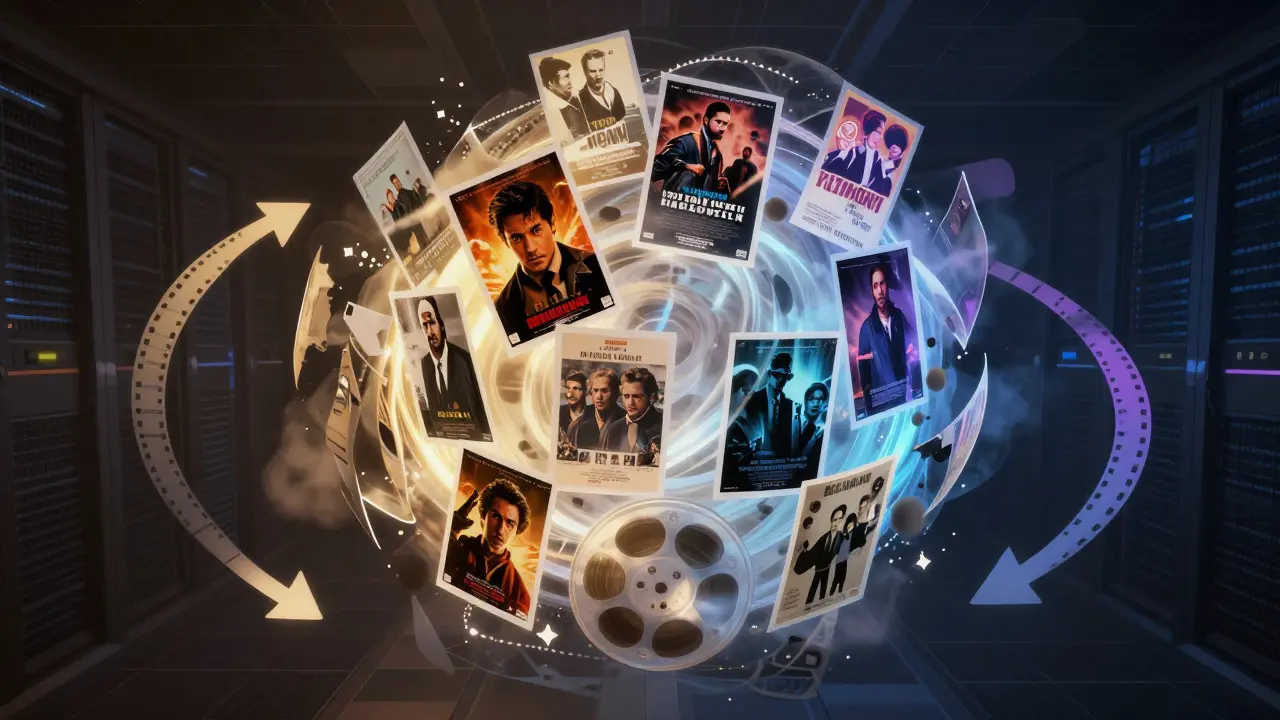 Surreal illustration of a vortex of floating movie posters symbolizing rotating content