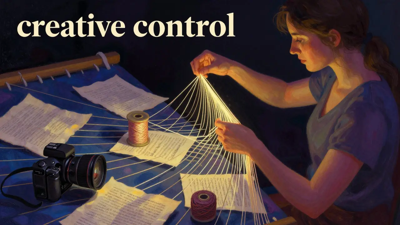 Surreal illustration of a woman weaving a tapestry of film elements