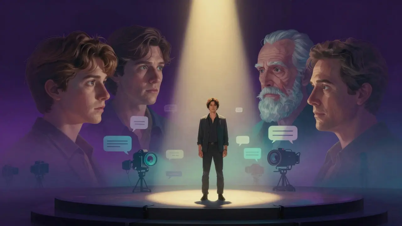 Surreal illustration of an actor surrounded by age-shifted ghostly versions