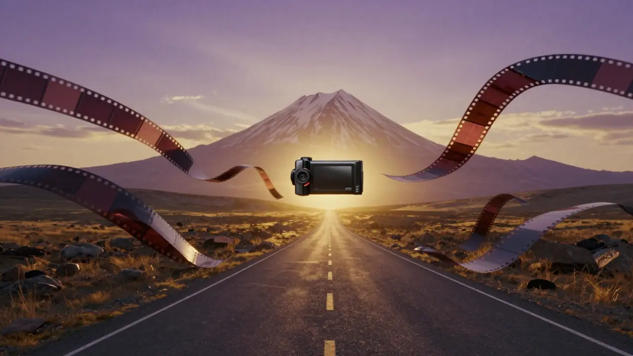 Surreal image of film strips transforming into a path leading to a mountain peak