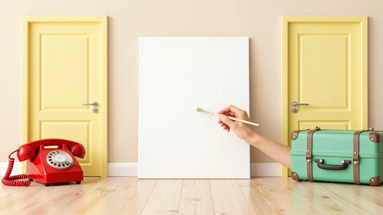 Symmetrical pastel room with props and a paintbrush, representing meticulous film design