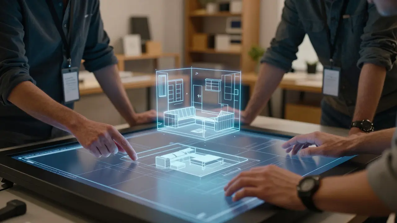 Team collaborating around a table with holographic 3D wireframe models of a room