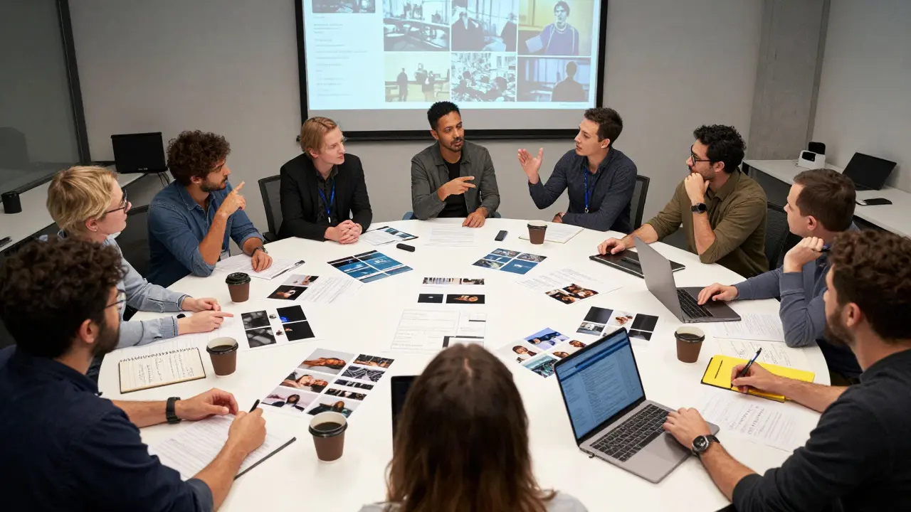 Team of filmmakers collaborating around a table reviewing scripts and video clips