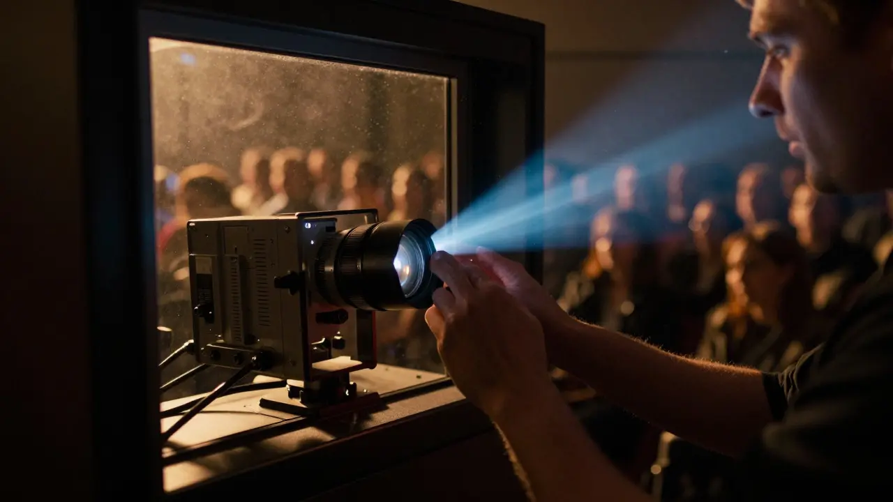 Technician adjusting a projector lens in a booth, with a view of the audience through the window
