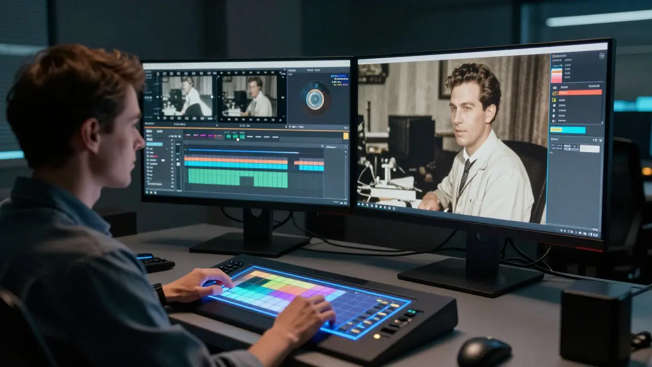 Technician adjusting colors on a monitor during film restoration