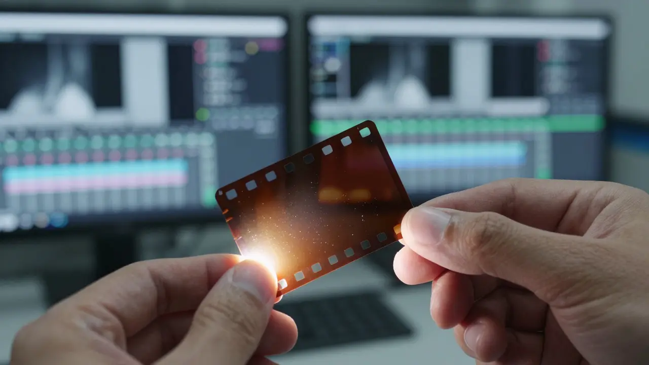 Technician examining a 35mm film negative under bright light in a lab