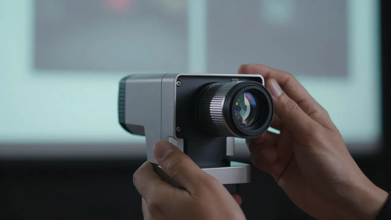 Technician using a spectroradiometer to measure cinema screen brightness and color