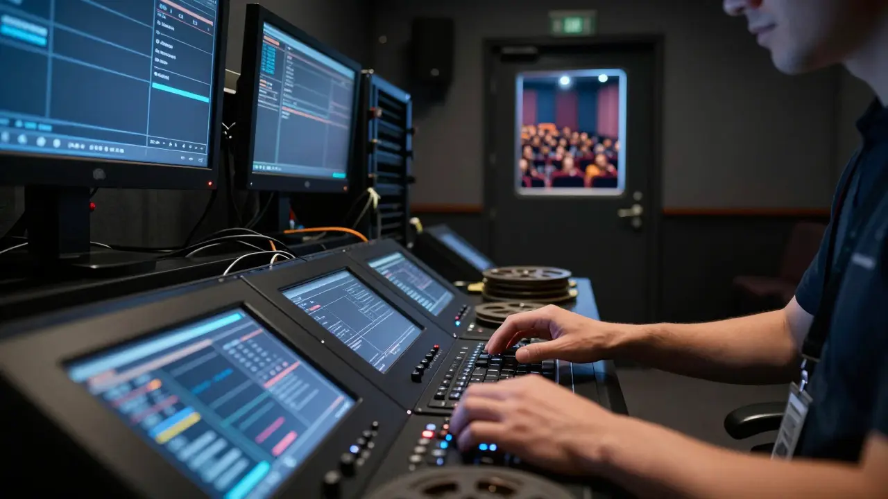 Technician working on digital cinema equipment in a projection room