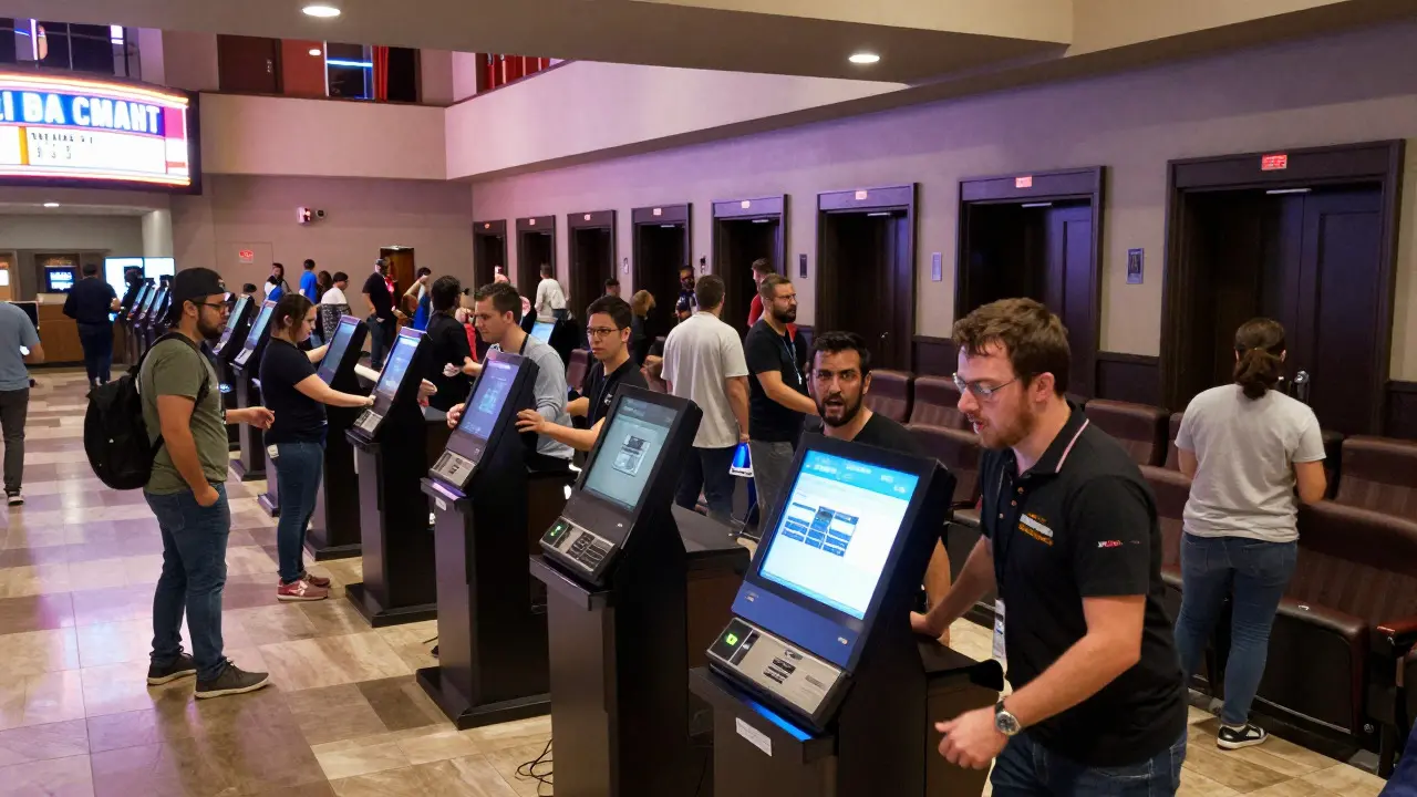 Theater staff adjusting signage and screens in a busy movie lobby