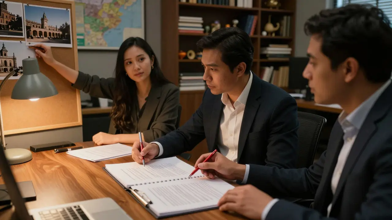 Three cultural consultants review a script and historical references in a production office
