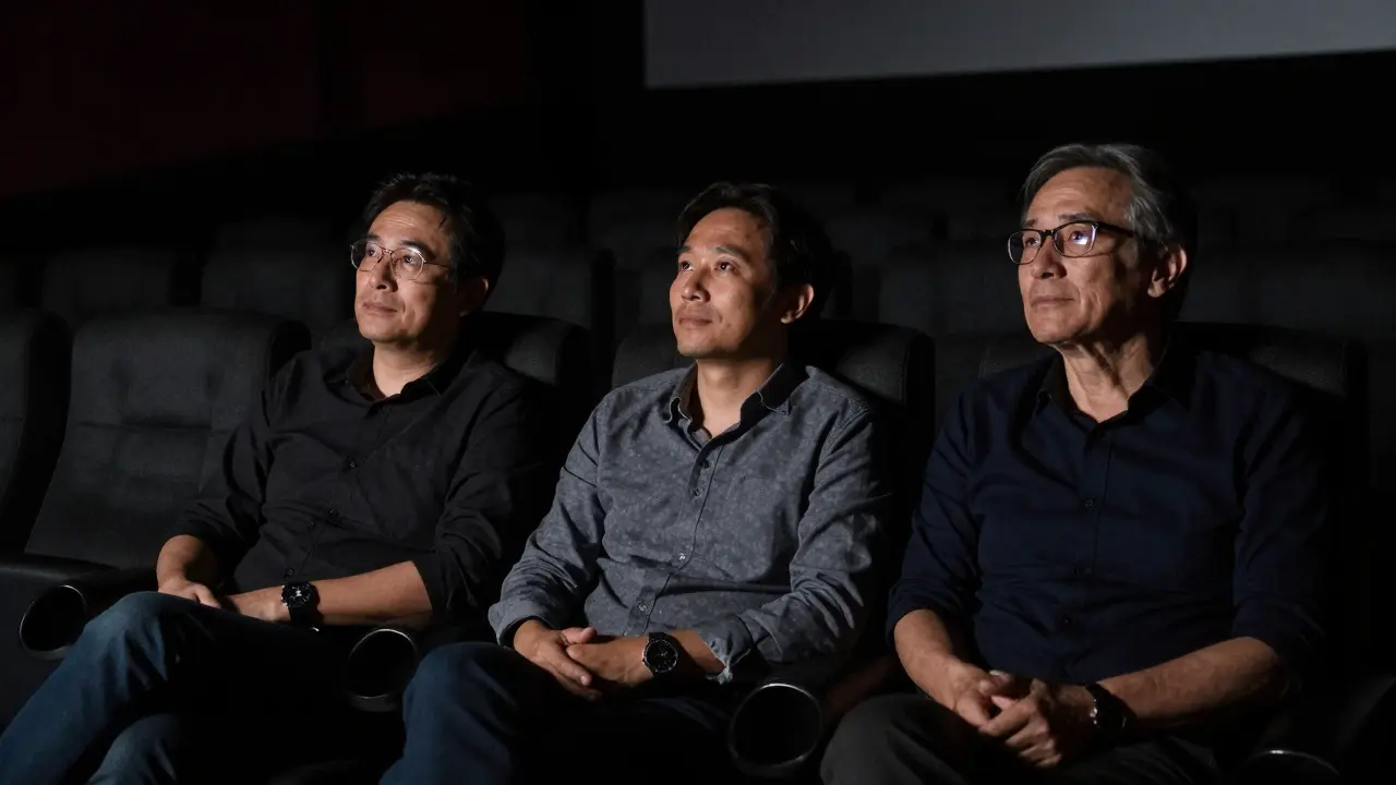 Three film professionals sitting attentively in the front row of a dark cinema