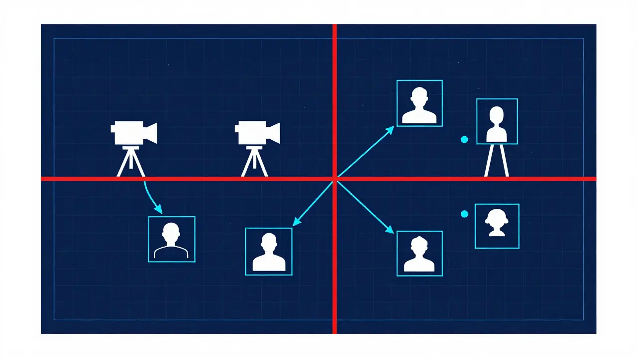 Top-down diagram illustrating camera positions and the 180-degree rule on a film set