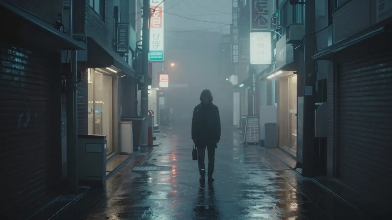 Translucent figure standing in a foggy, neon-lit Seoul alleyway