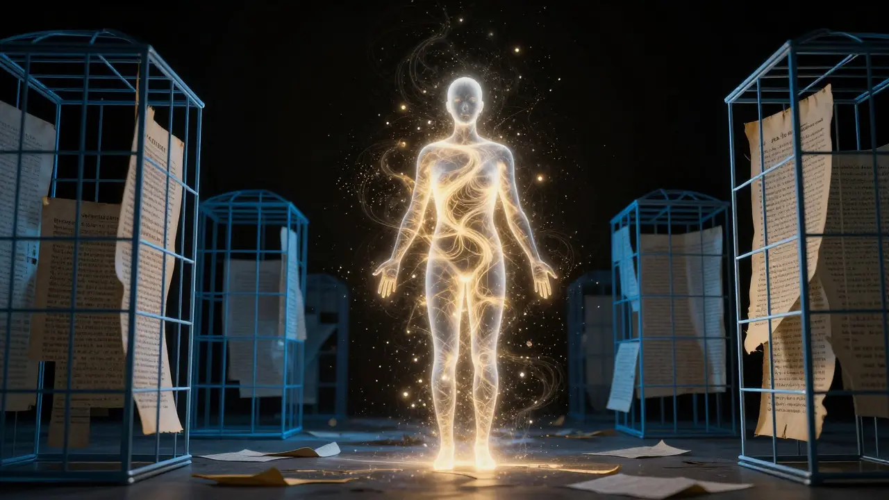 Translucent human figure with golden light breaking through rigid blue geometric structures