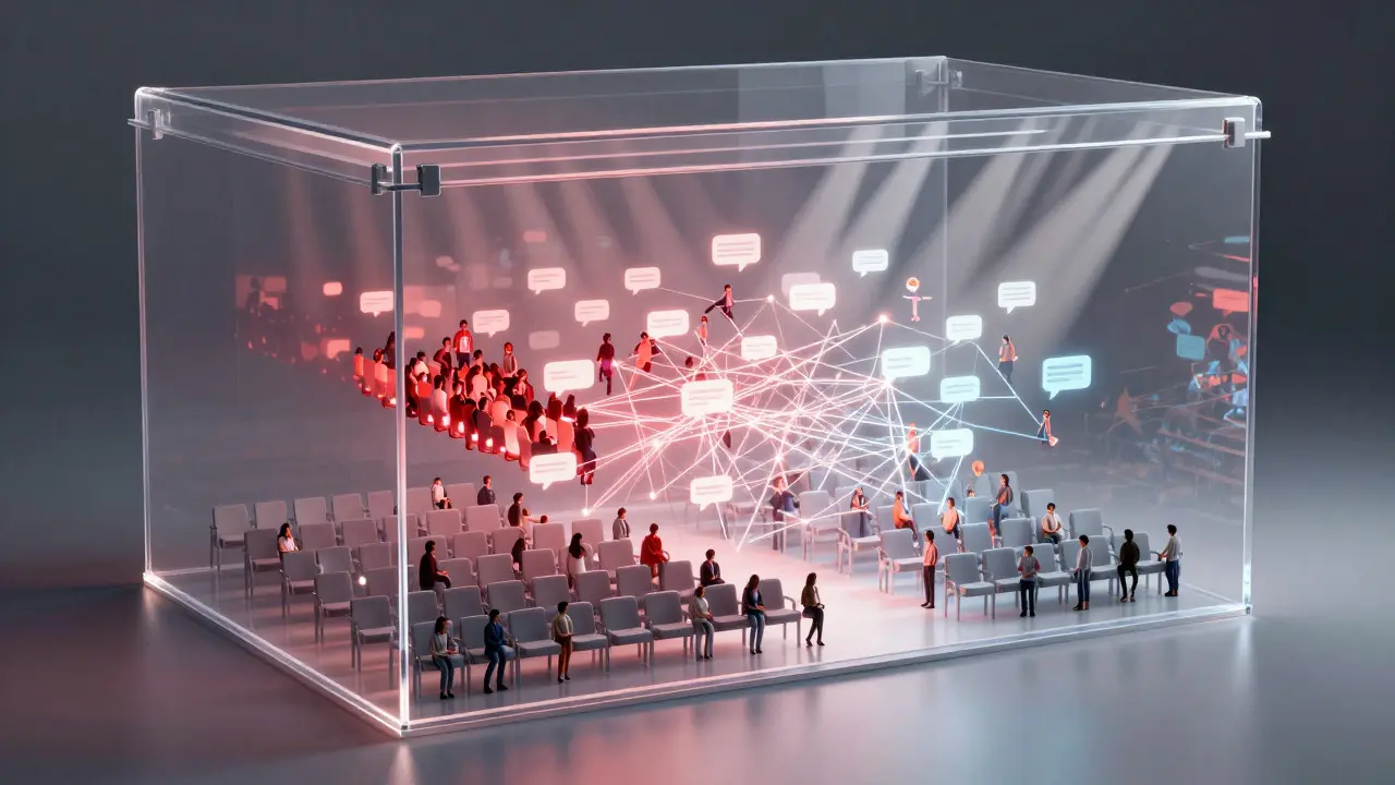 Transparent cinema structure filled with interconnected digital avatars and speech bubbles