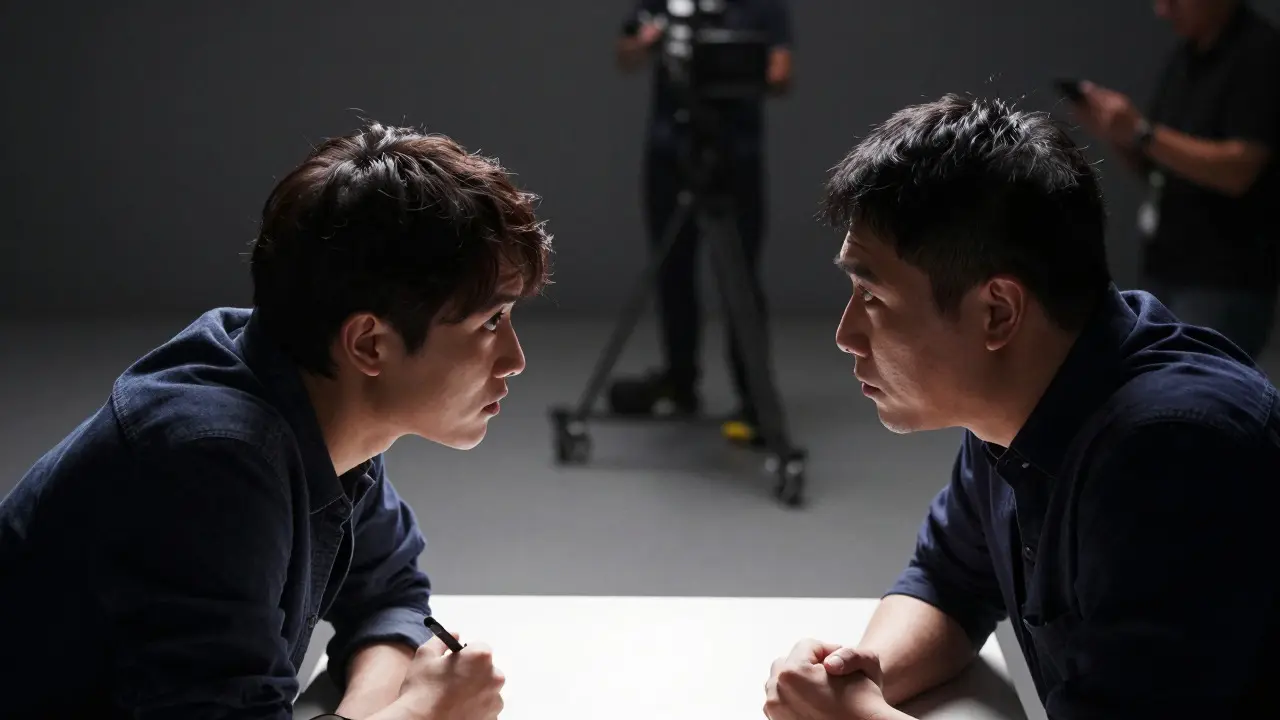 Two actors engaged in an intense chemistry read audition