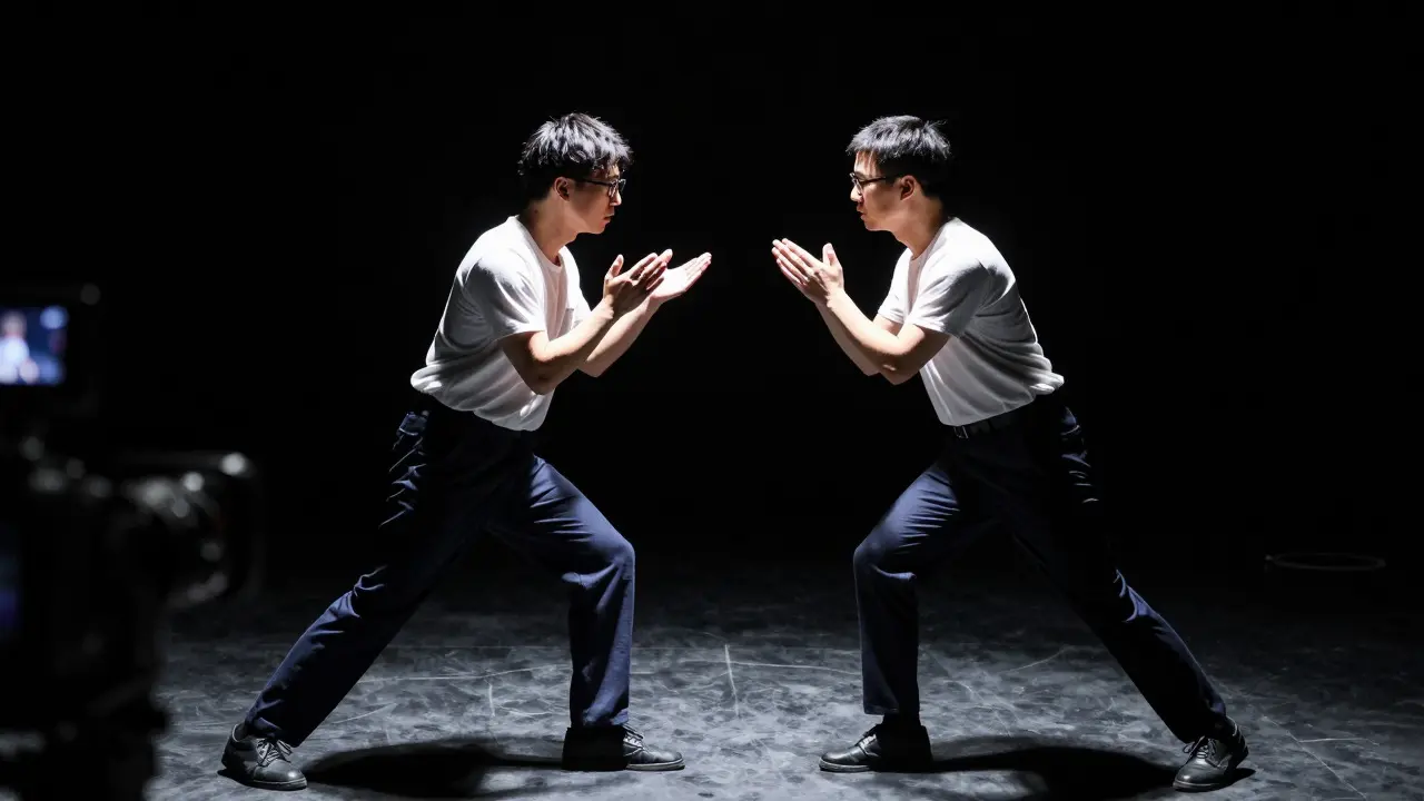 Two actors performing a chemistry test in front of a film camera