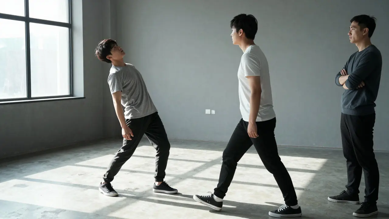 Two actors practicing scene blocking with tense body language while a director observes