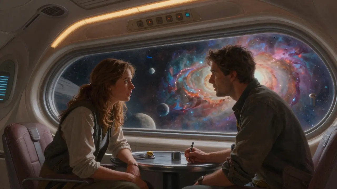 Two characters talking inside a futuristic spaceship with a nebula view