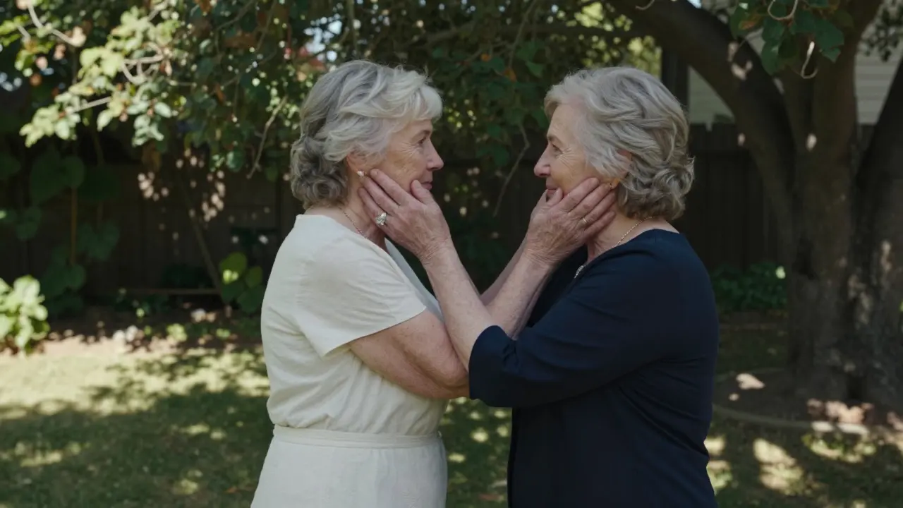 Two elderly women sharing a tender moment in a small garden ceremony