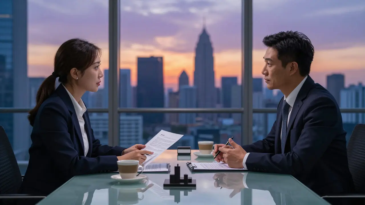 Two executives negotiating a film distribution contract in a modern office