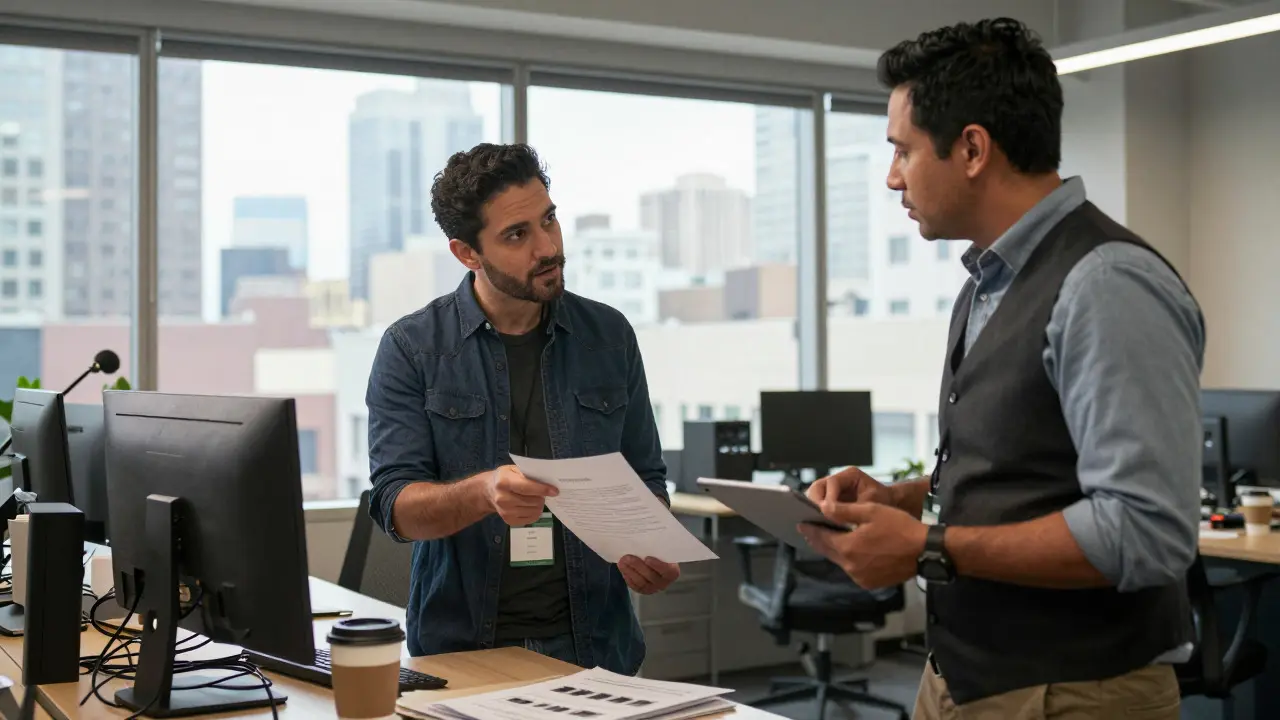 Two film industry professionals discussing a contract at a desk in a city office.