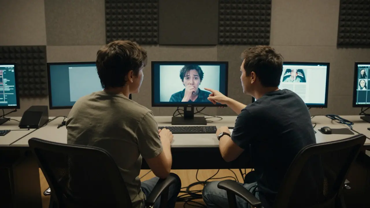 Two filmmakers reviewing footage together in a professional editing suite