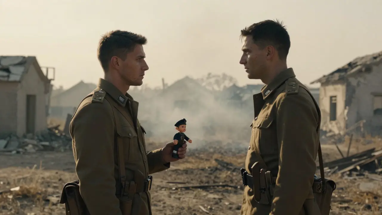 Two opposing soldiers sharing a moment of empathy in a ruined landscape holding a broken toy