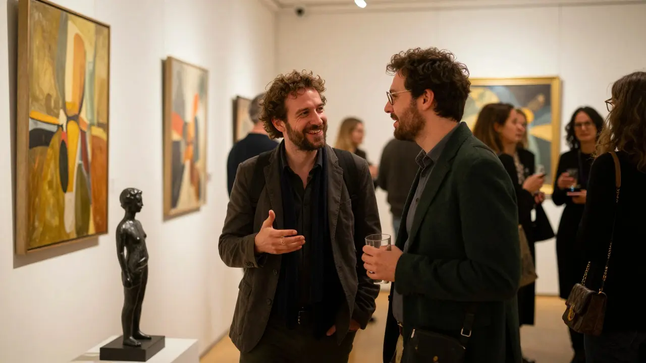Two people conversing at a crowded art gallery opening
