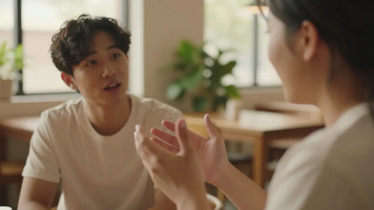 Two people having a natural, authentic conversation in a warm room