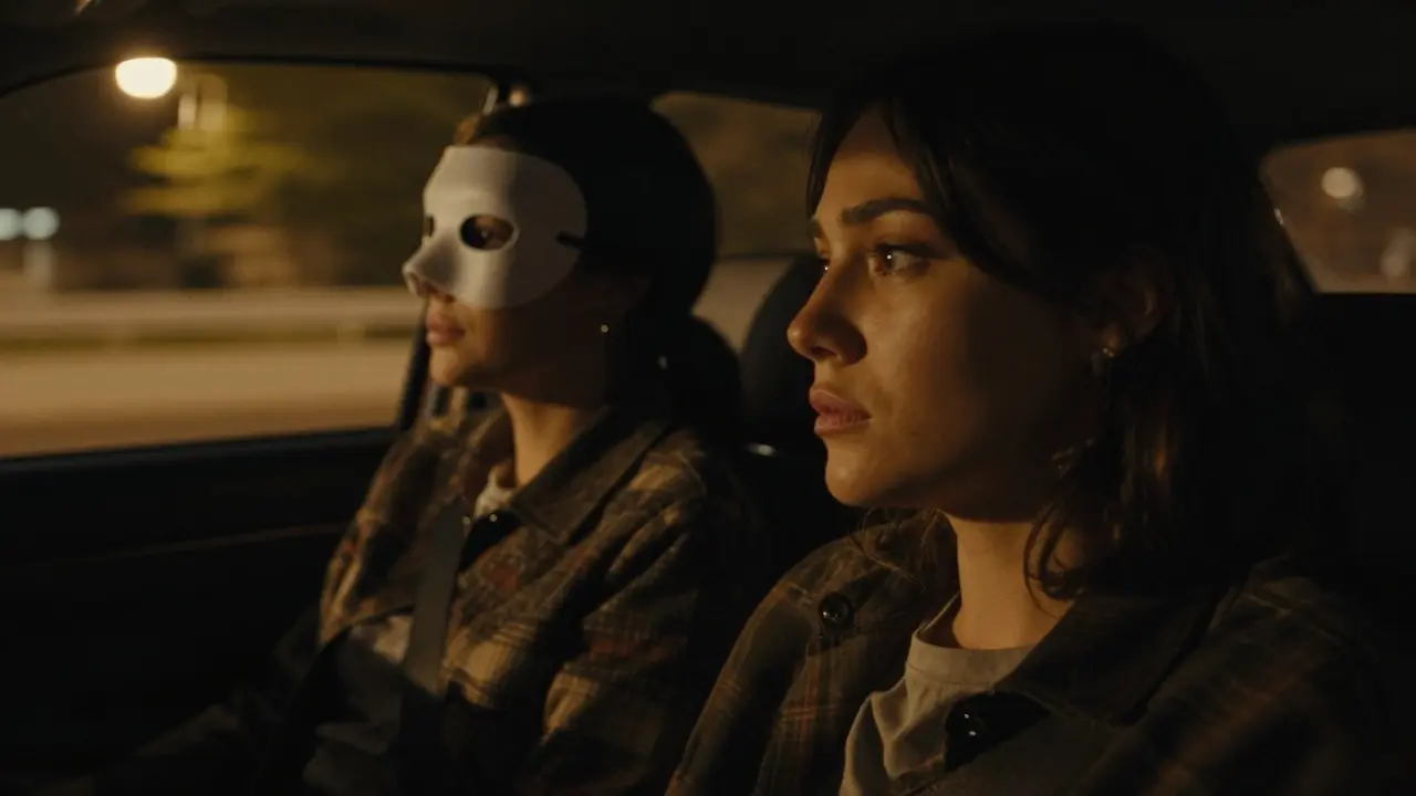 Two people sharing an intense moment inside a moving car at night