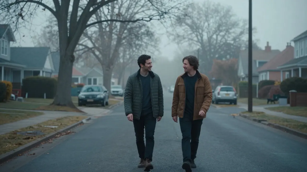 Two people walking and talking casually down a quiet street in the morning mist