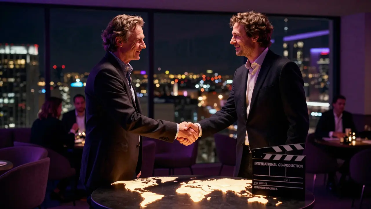 Two producers shaking hands in a dimly lit film market lounge