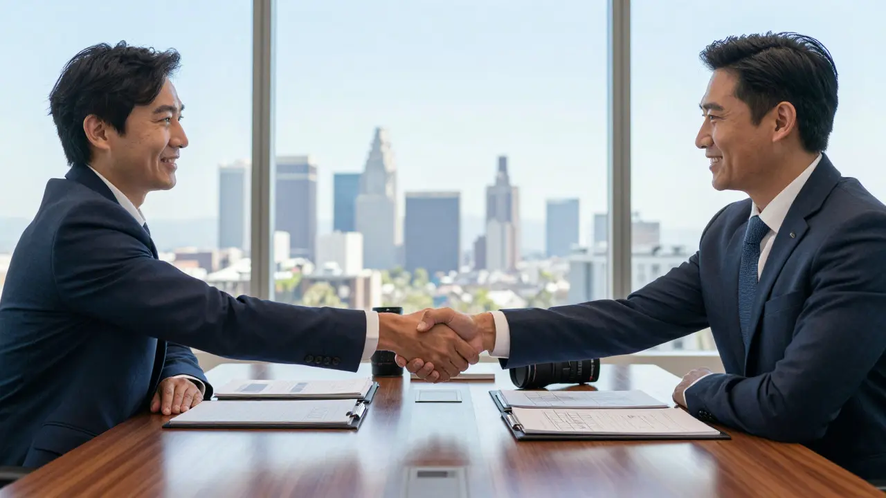 Two professionals shaking hands across a table with production files