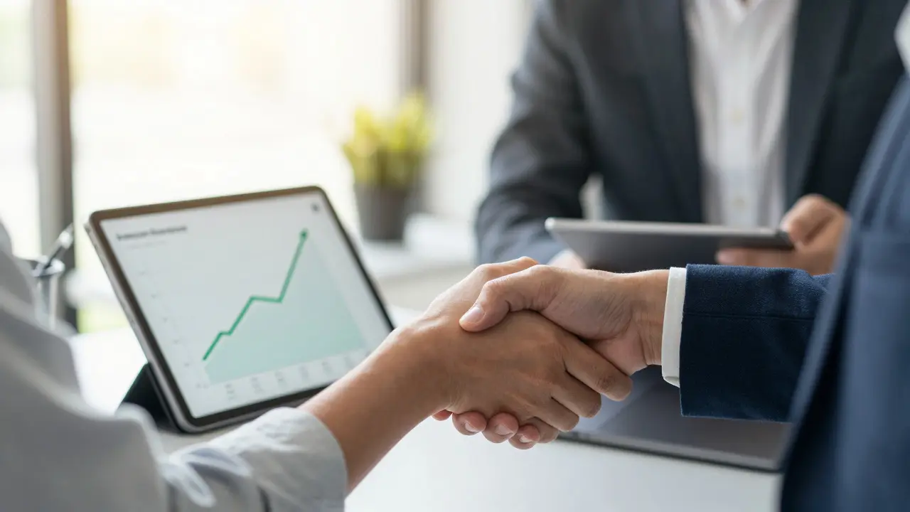 Two professionals shaking hands over a tablet displaying a positive growth chart