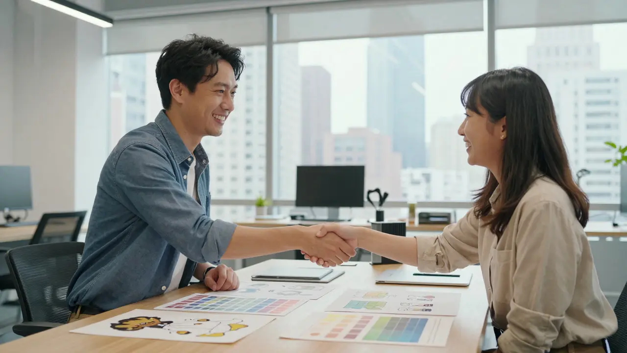 Two studio professionals shaking hands across a desk filled with concept art in a modern office