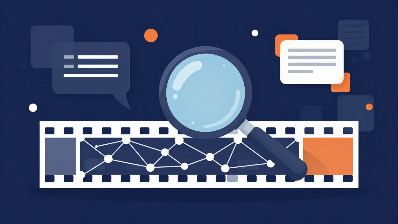 Vector illustration of a magnifying glass verifying film strip data nodes