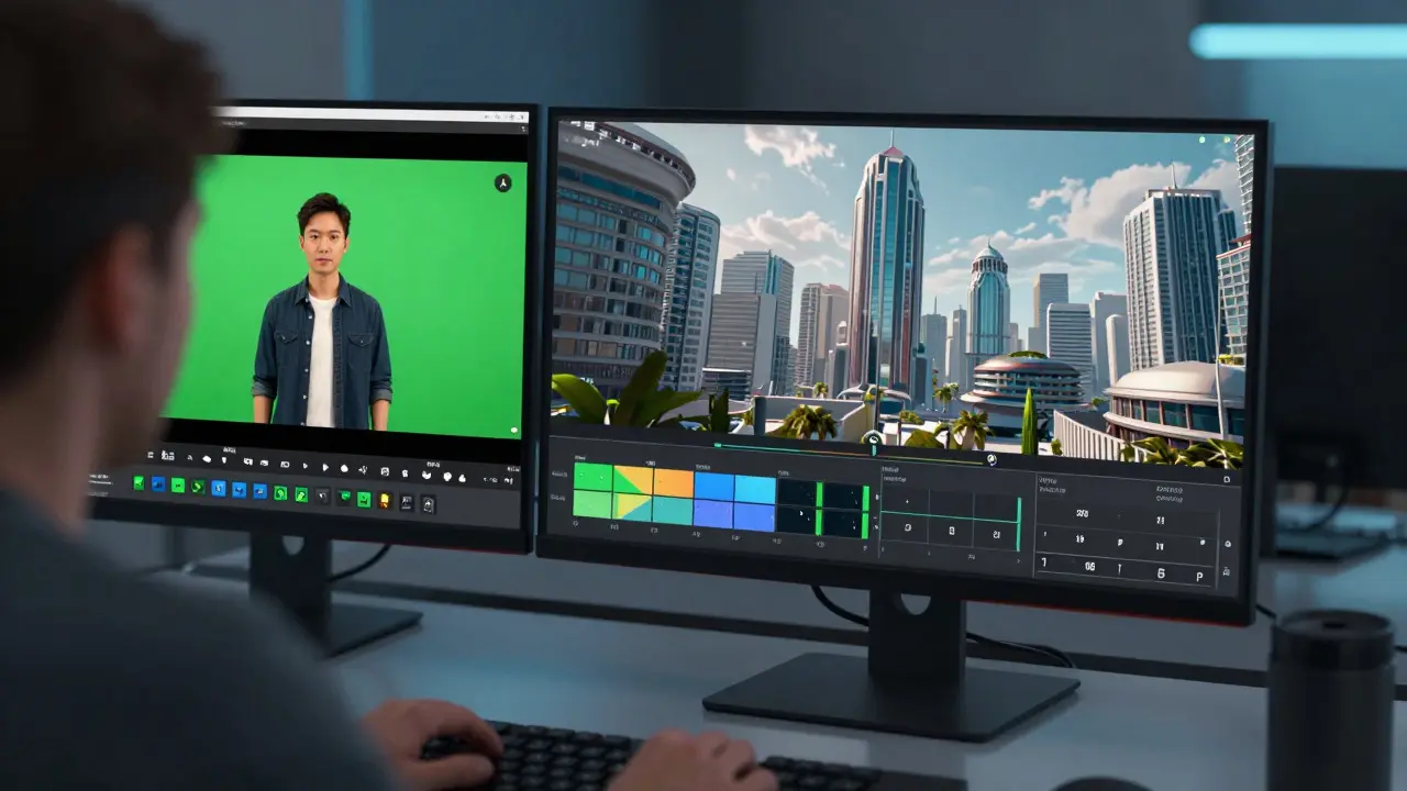VFX artist comparing raw green screen footage with a photorealistic digital background composite.