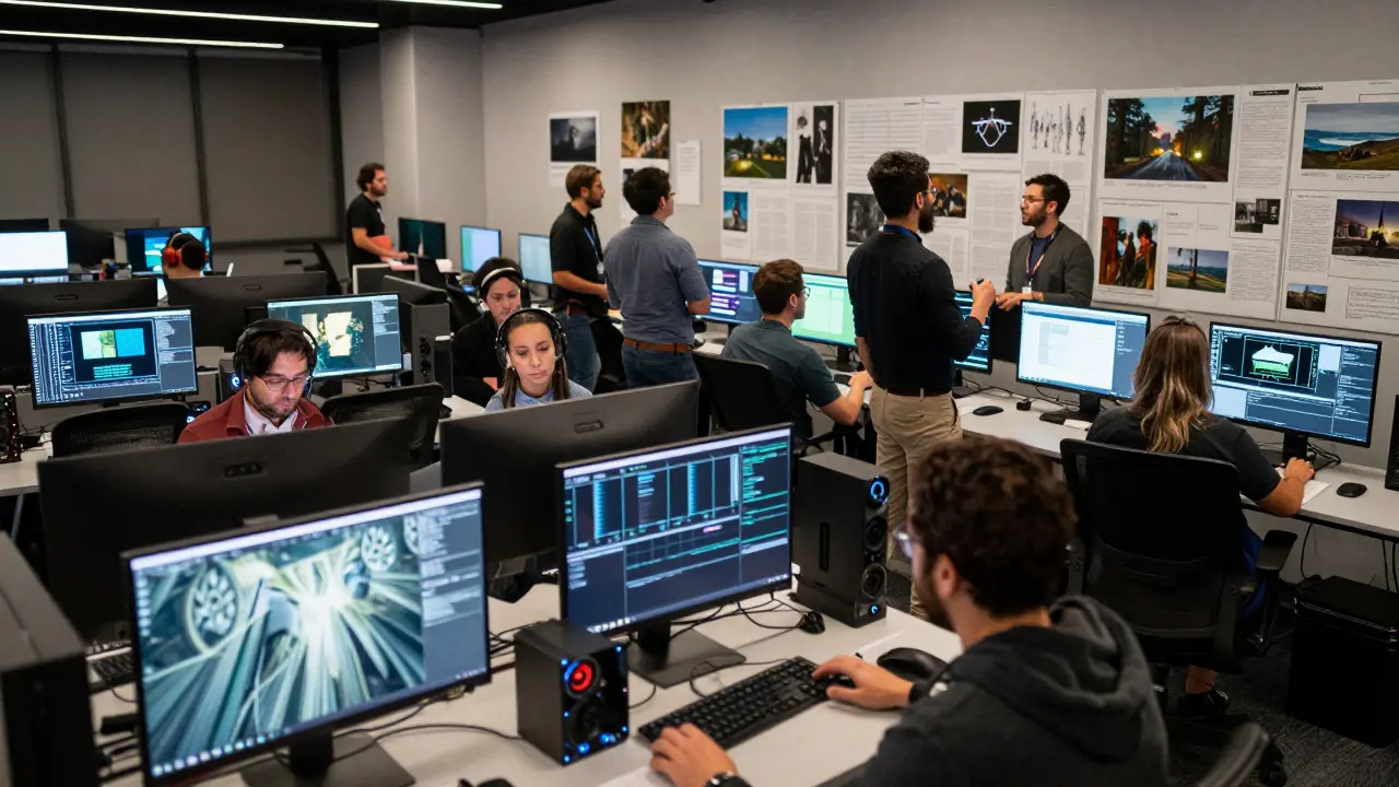 VFX artists collaborating on concept art in a busy studio with high-end workstations