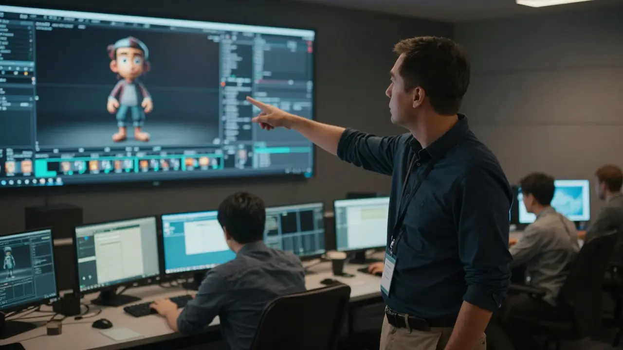 VFX supervisor reviewing a 3D character model in a control room