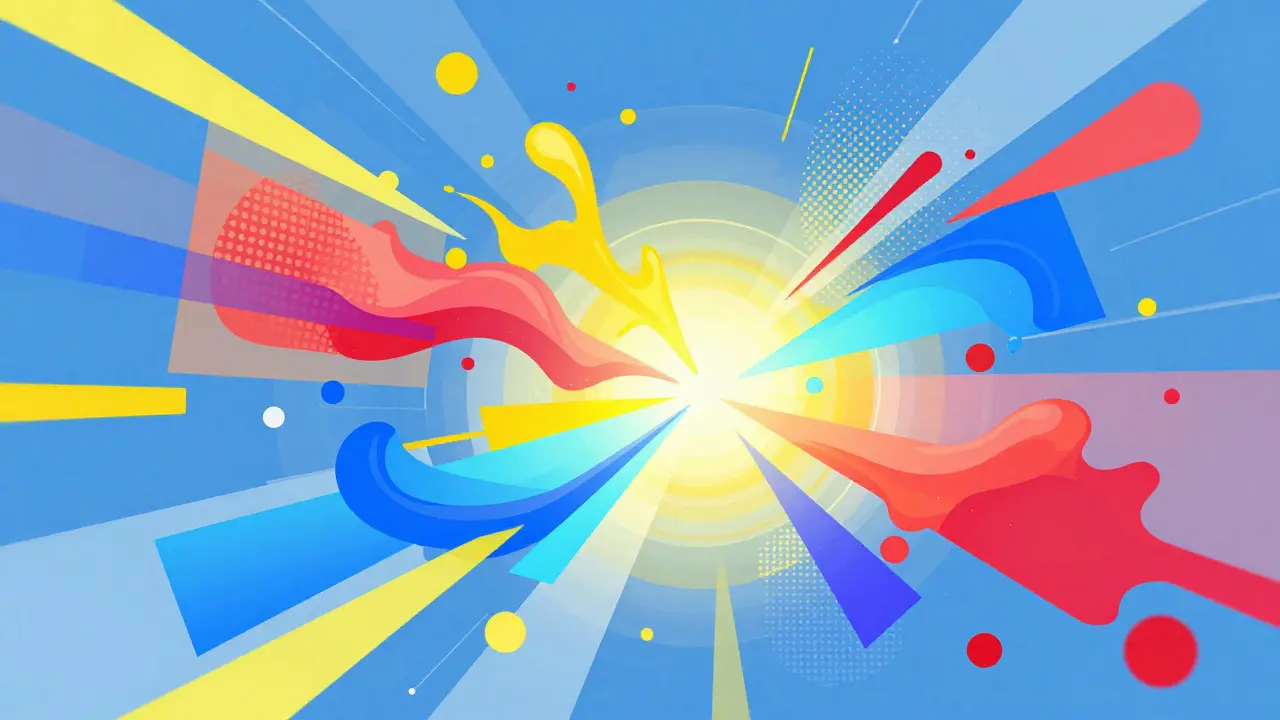 Vibrant digital art showing swirling graphic elements and colorful motion graphics layers