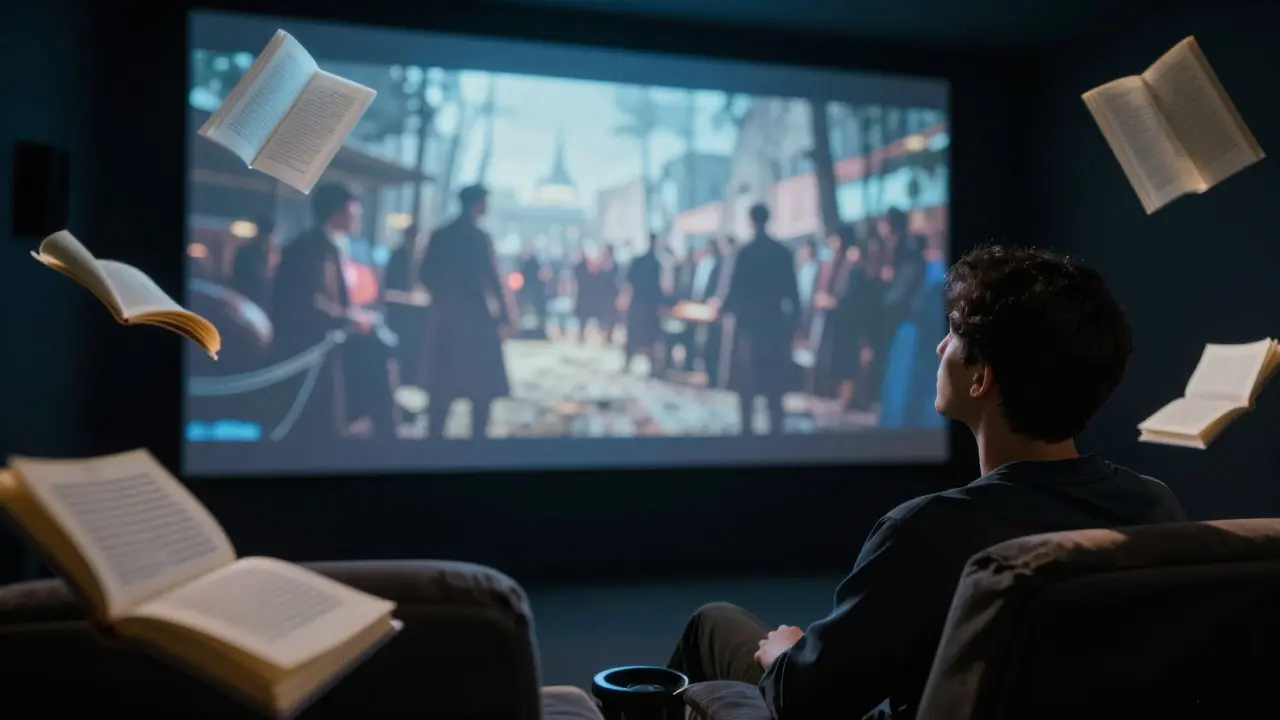 Viewer in a dark theater analyzing a projected historical film with symbolic book shapes