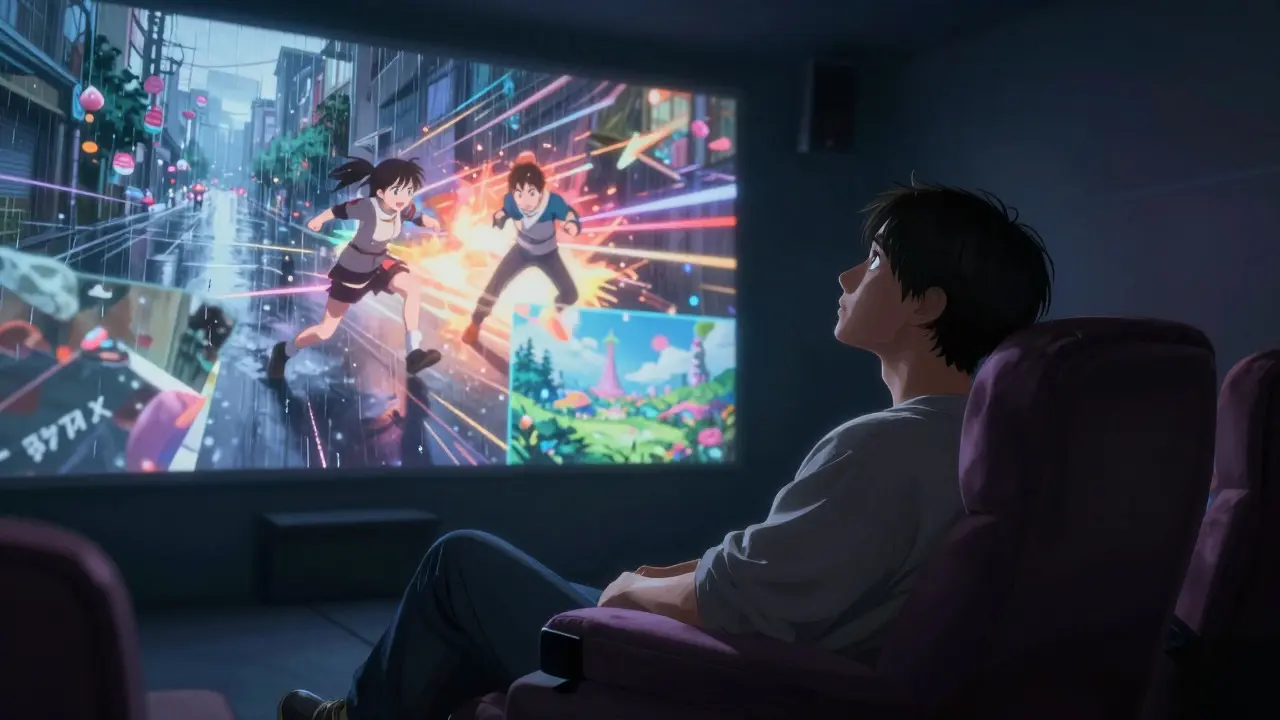 Viewer in a home theater surrounded by floating scenes from various anime genres