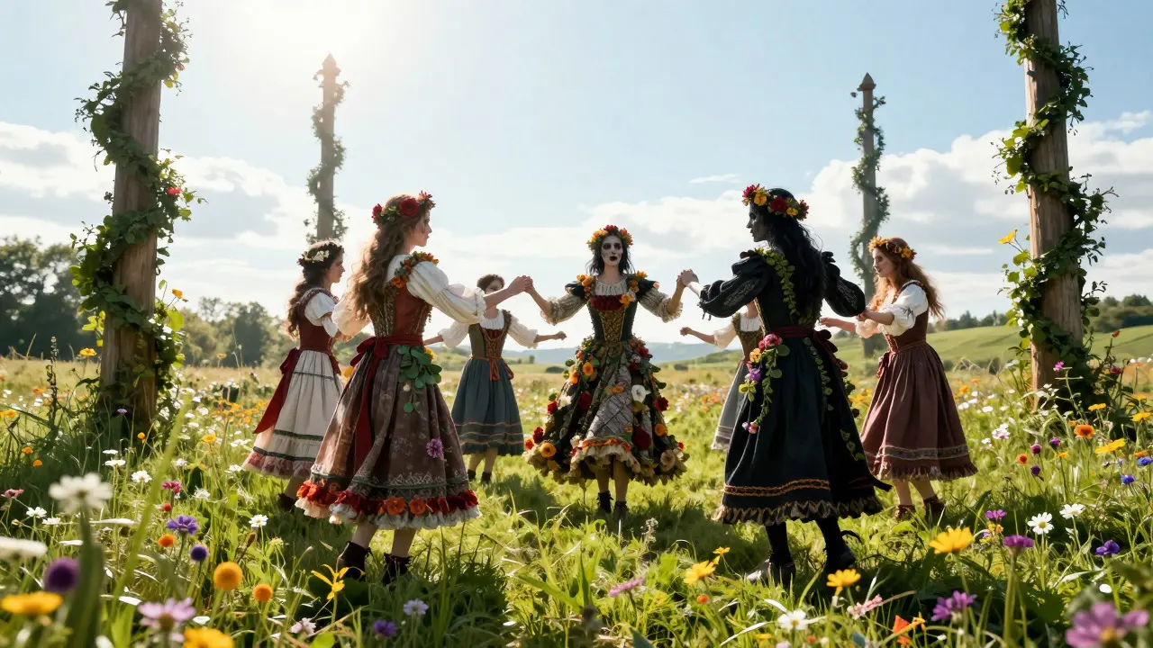 Villagers in floral costumes dancing in a bright, sunlit meadow