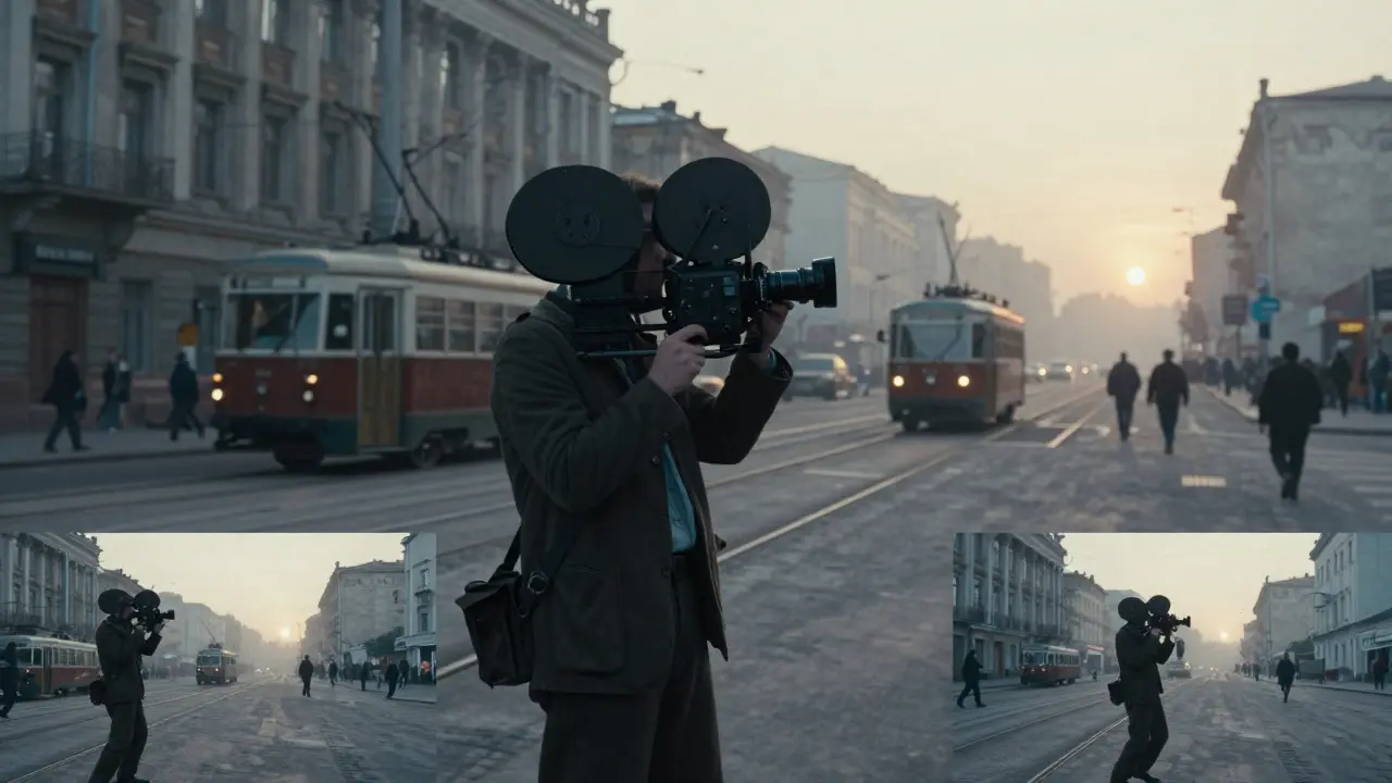 Vintage cameraman filming a bustling 1920s city street with split-screen effect