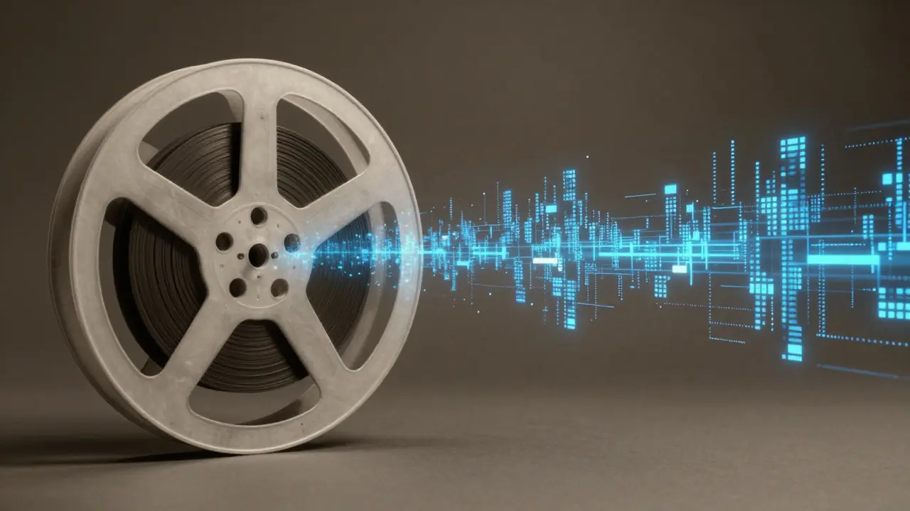 Vintage film reel transforming into digital data streams