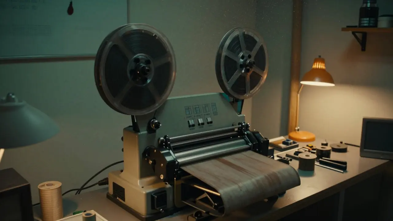 Vintage film scanner processing a reel of 35mm film in a lab