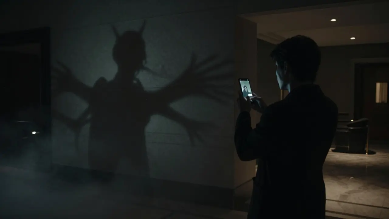 Visitor filming eerie moving shadows on a darkened hotel lobby wall